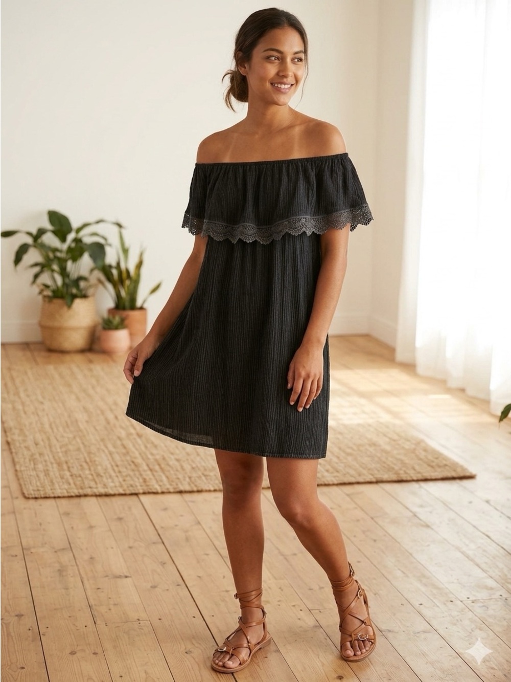 Altar'd State Black Off-Shoulder Lace-Trim Mini Dress